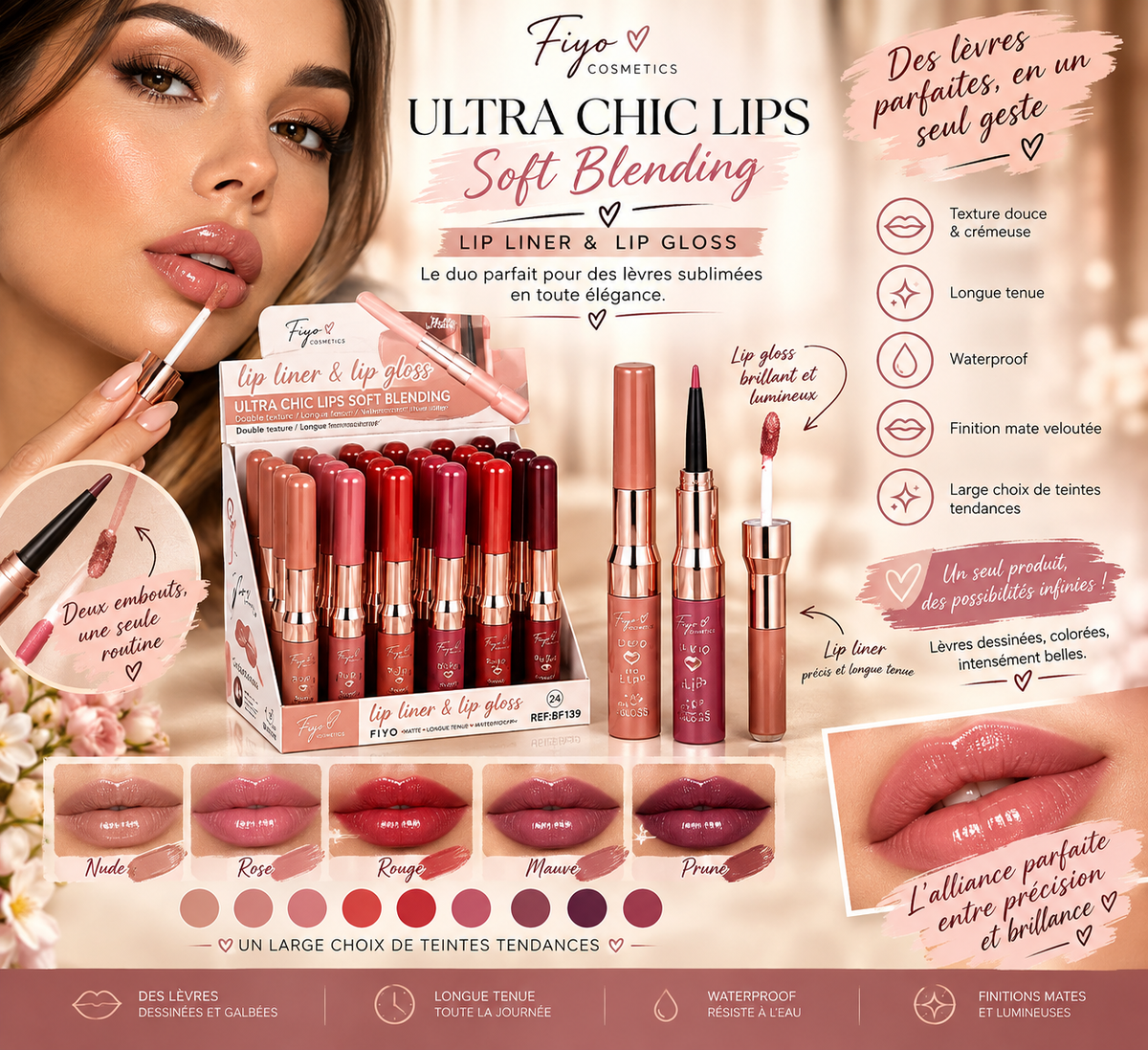 Lip liner & lip gloss                               2 en 1                                                  Disponible en 6 teintes